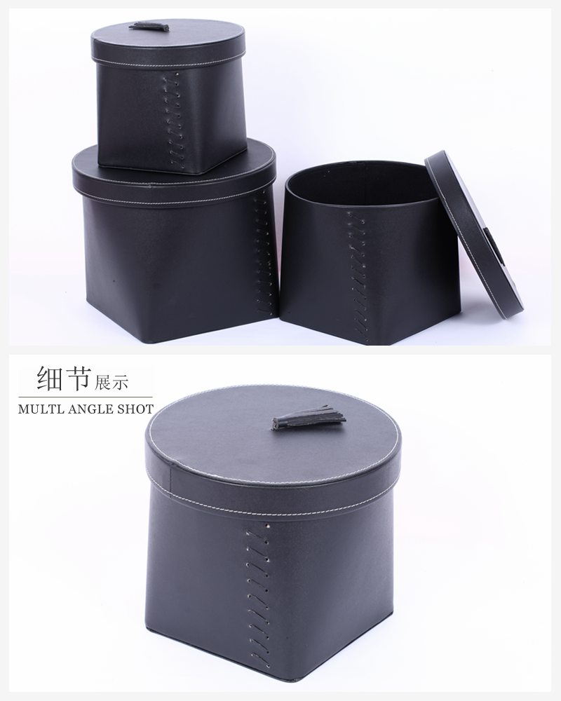 Stacked black round PU cover finishing box 3 pieces of PY-SNH0992
