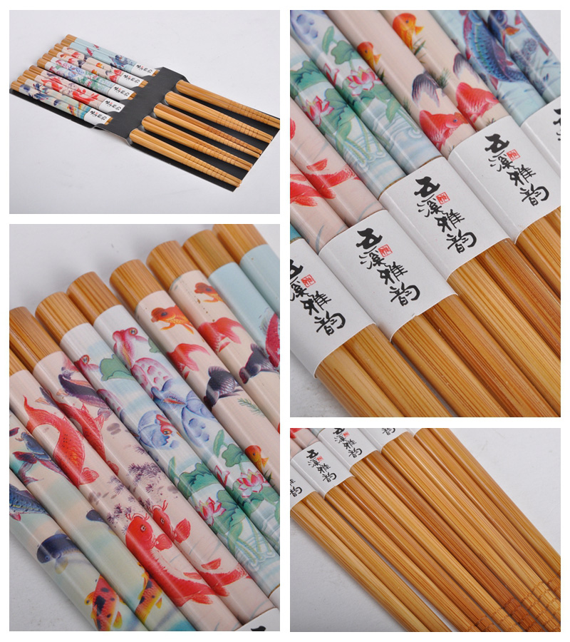 Shi Xi Yayun bamboo chopsticks chopsticks goldfish pattern household gifts chopsticks chopsticks (5 double slip hook / set) GP0042