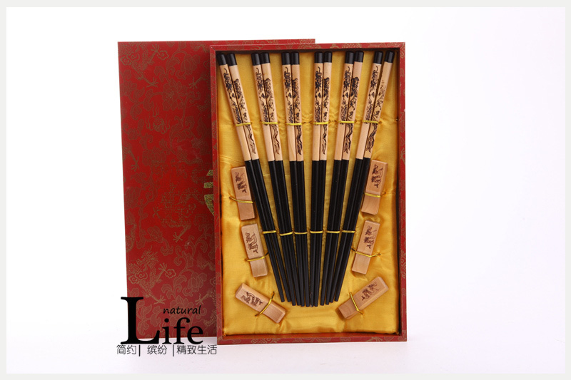 Top black wooden chopsticks of household gift dragon flight craft carving with chopsticks box (6 double / set) D6-0141