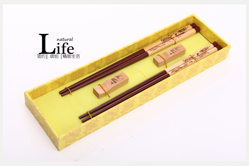 Top gift wood carving of dragon flight chopsticks home with chopsticks box (dark brown) D2-0071