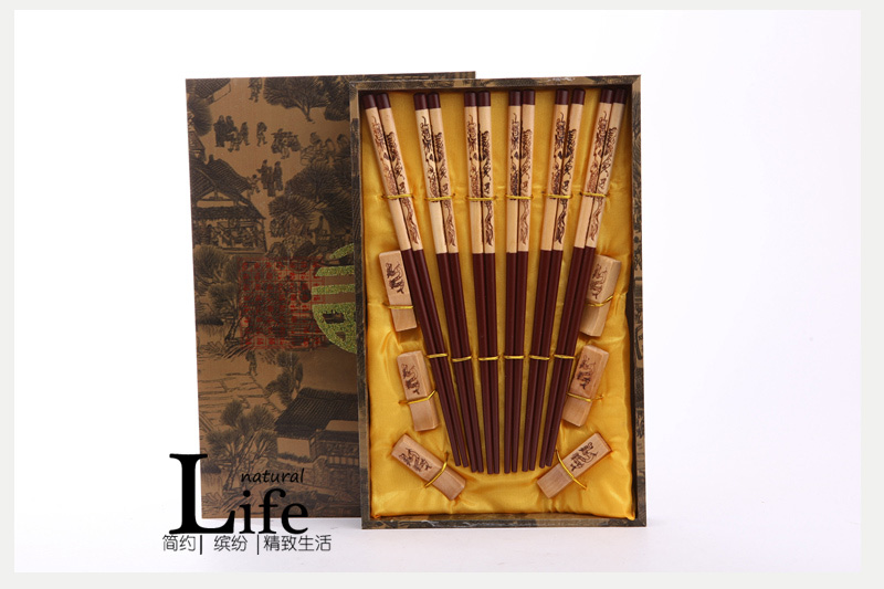 Dark brown wooden chopsticks top gift dragon flight household wood crafts carving with chopsticks box (6 double / set) D6-0071