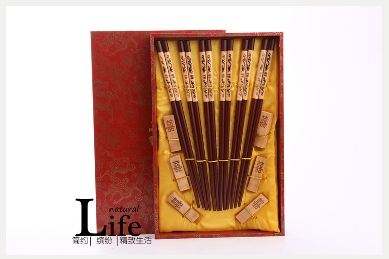 Top gift double happiness pattern of dark brown wood carving with chopsticks chopsticks of household gift box (6 double / set) D6-0131