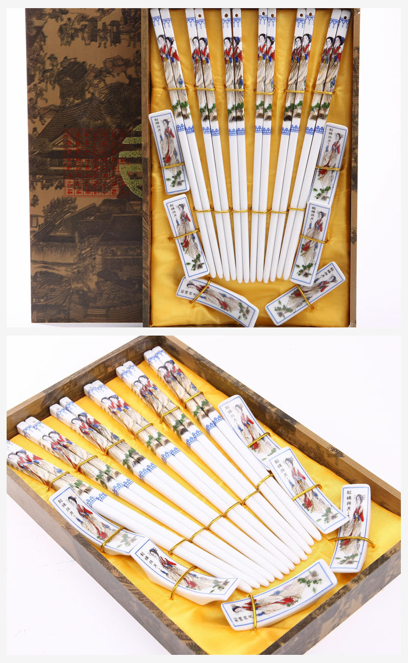 Classical ceramic hand-painted chopsticks 6 of suit Diao Chan worship pattern natural health gifts T6-0032