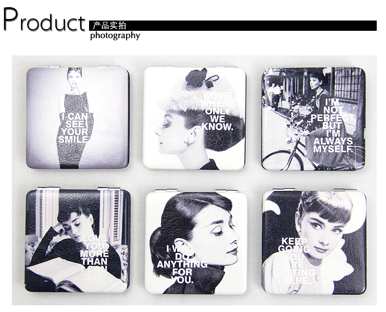 Black and white Hepburn series customized wholesale double-sided folding creative fashion metal stainless steel creative PU portable pocket makeup small mirror gift gift6