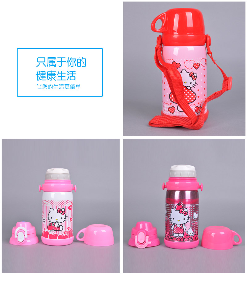 600ml Kangle students heat insulation pot Hello Kitty stainless steel insulation pot with rope sucker insulation Cup proof portable heat preservation kettle KT-36144