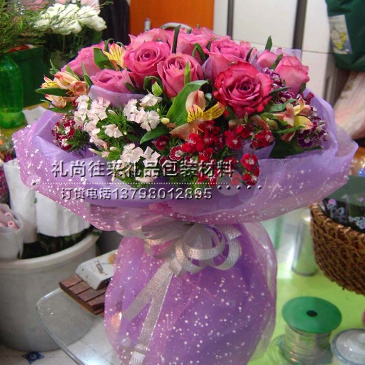 Snow point gauze, flower packing paper material wholesale / flower bouquet packing yarn, flower shop articles wholesale package flower cartoon flower bouquet materials wholesale snowflake wrapping paper12