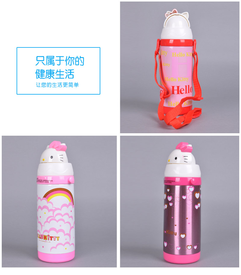 380m +PP stainless steel cup Straw groovy children cute Hello Kitty with convenient thermos bottle lifting rope leakage proof safety thermos bottle KT-36624