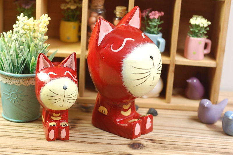 Wholesale wooden crafts home furnishing hand engraving Bali Island wood cat birthday gift gift 13022 red3