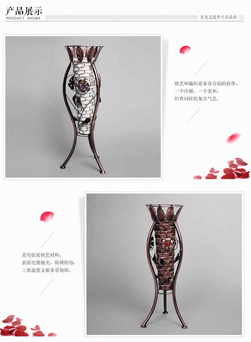 Pastoral style high-grade large tripod vase ornaments woven rattan woven hollow iron inlay art red diamond ornament vase floral arrangement Home Furnishing decor decoration hp02743