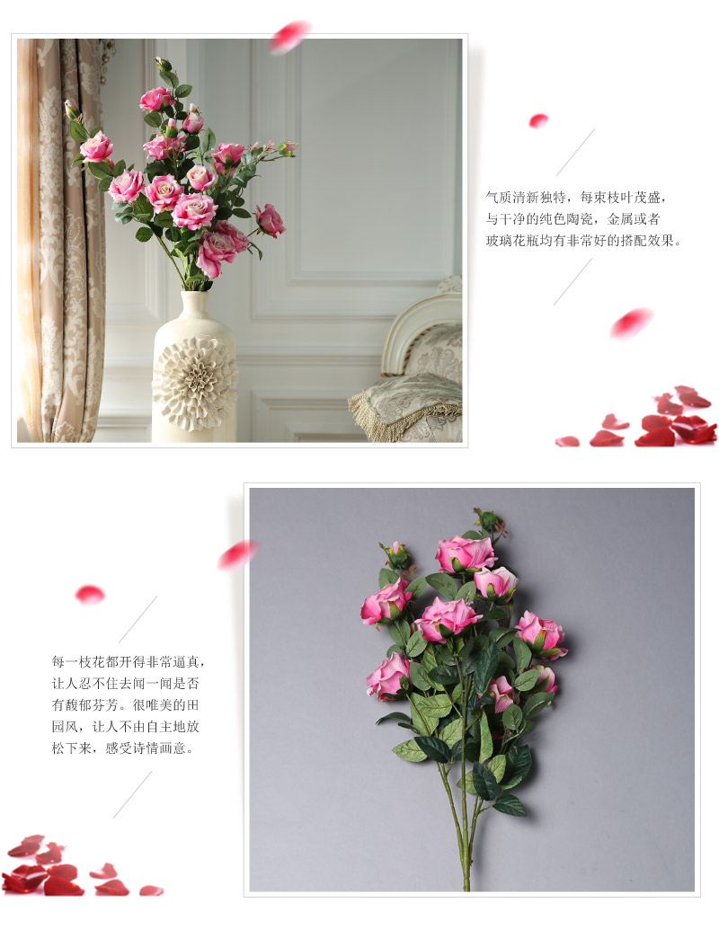 Chinese garden wind single branch 3 hand felt roses simulation flower plastic foam floral simulation flower living room table overall flower home decoration flower nf09894
