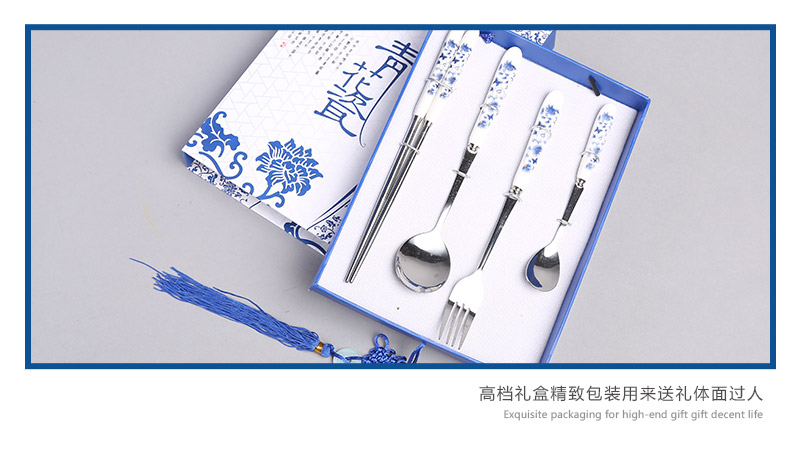 Celadon top wood chopsticks spoon fork 4 sets suit natural health high grade gift FT167