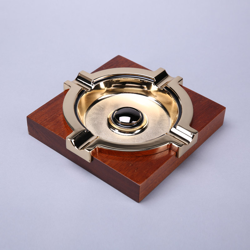 CIGAR ASHTRAY four metal soot cup wood ash tray ZS482