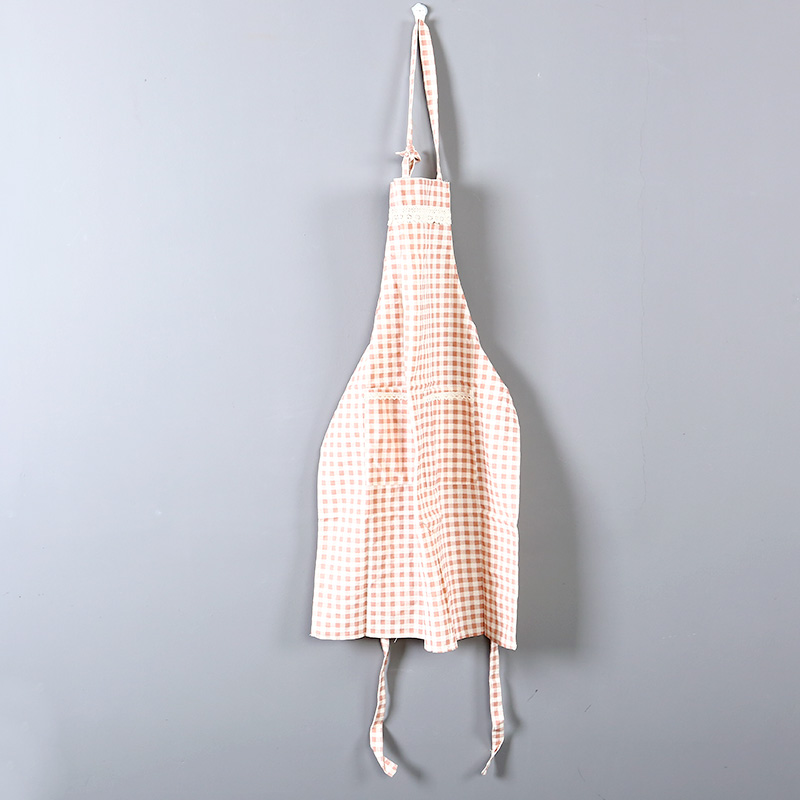 Linen apron powder lattice female sleeveless smock simple apron anti oil1
