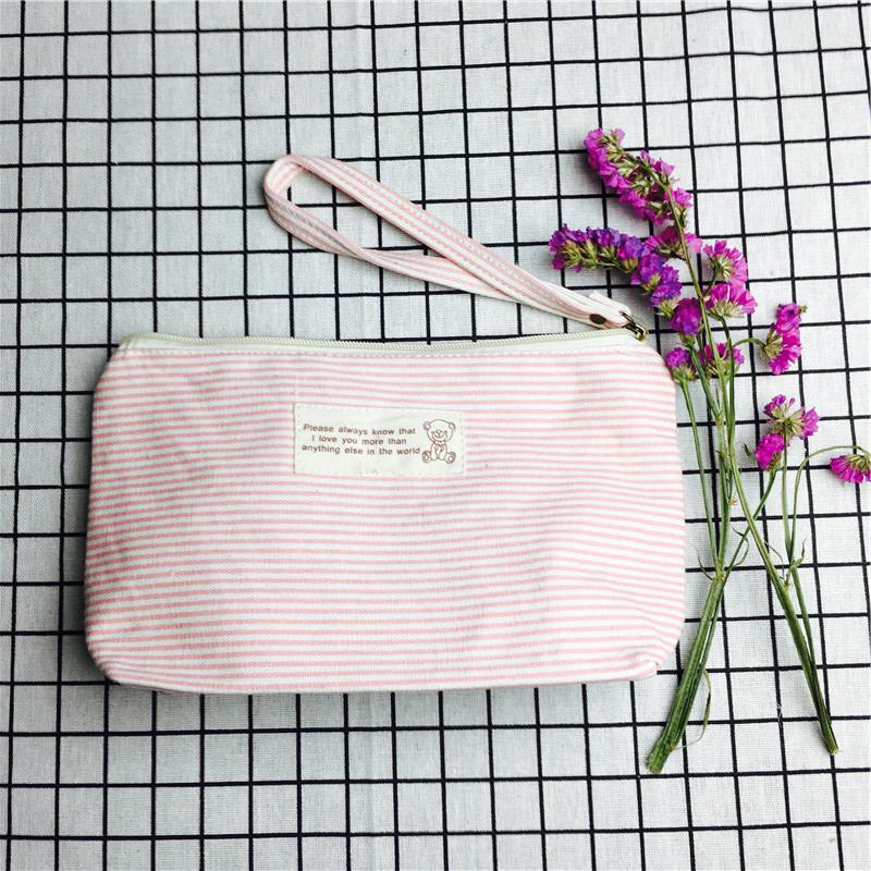 Simple striped pink cotton null purse make-up bag1