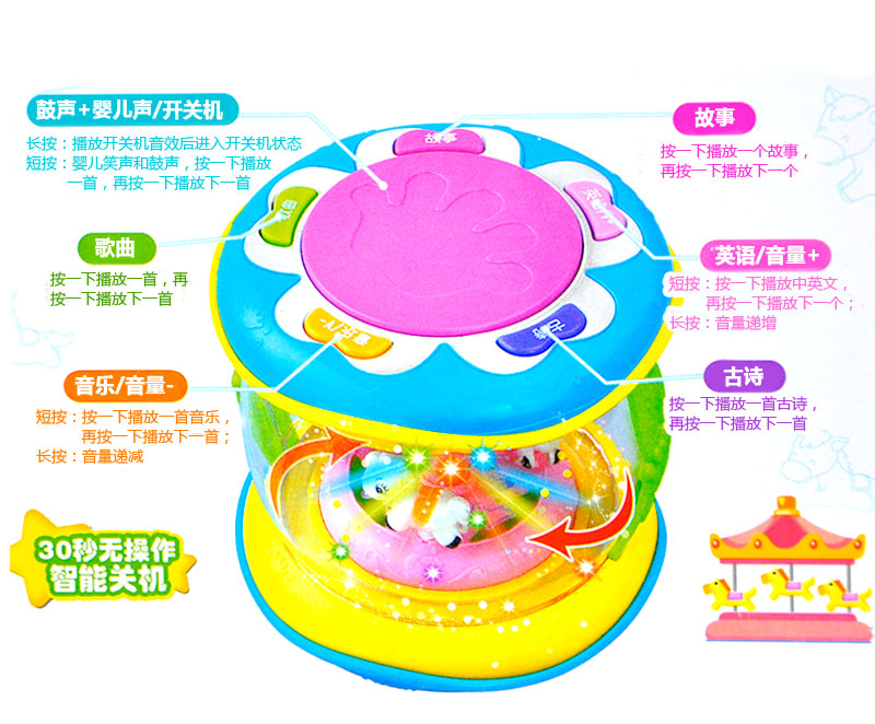 Bao Qi 5512 Mini merry go round, intelligent hand drum, children's music, pat drum, early morning teaching toys.4