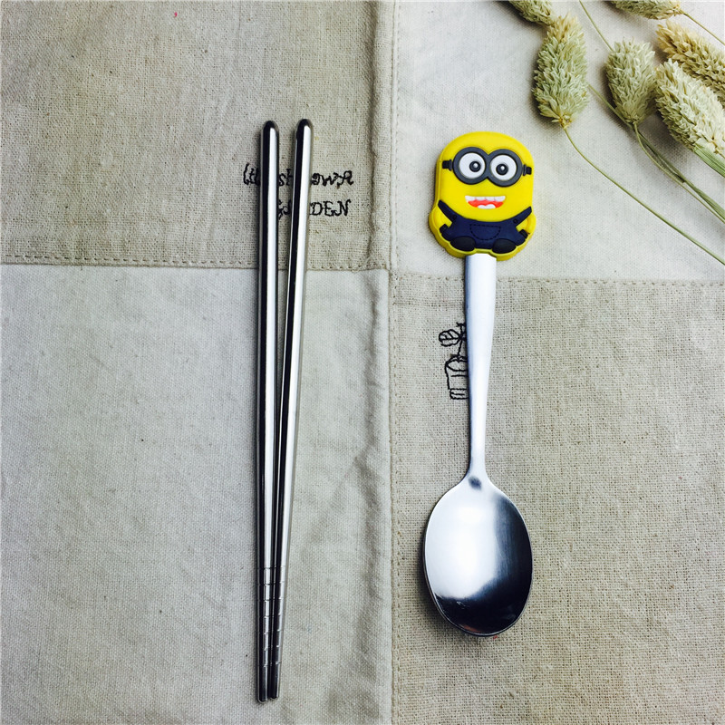Small yellow people cartoon Stainless Steel Portable tableware and spoon suit chopsticks spoon practical portable children tableware3