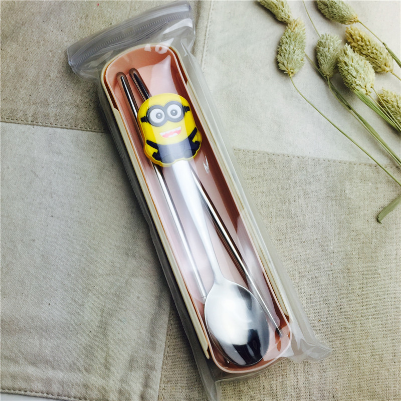 Small yellow people cartoon Stainless Steel Portable tableware and spoon suit chopsticks spoon practical portable children tableware5