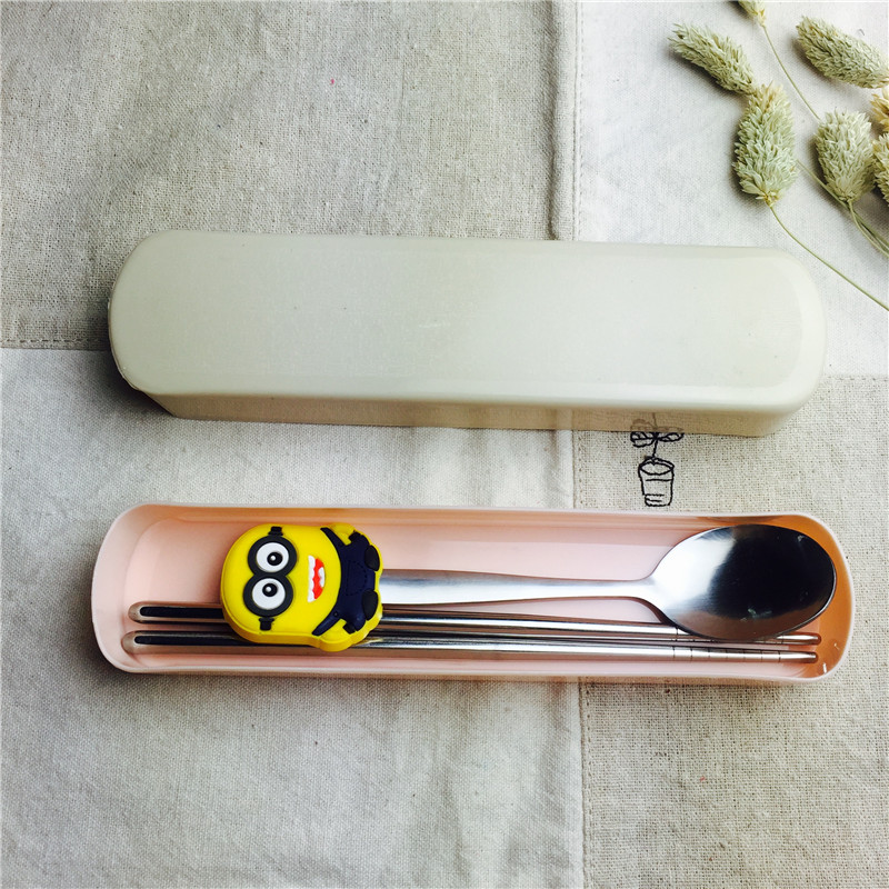 Small yellow people cartoon Stainless Steel Portable tableware and spoon suit chopsticks spoon practical portable children tableware1