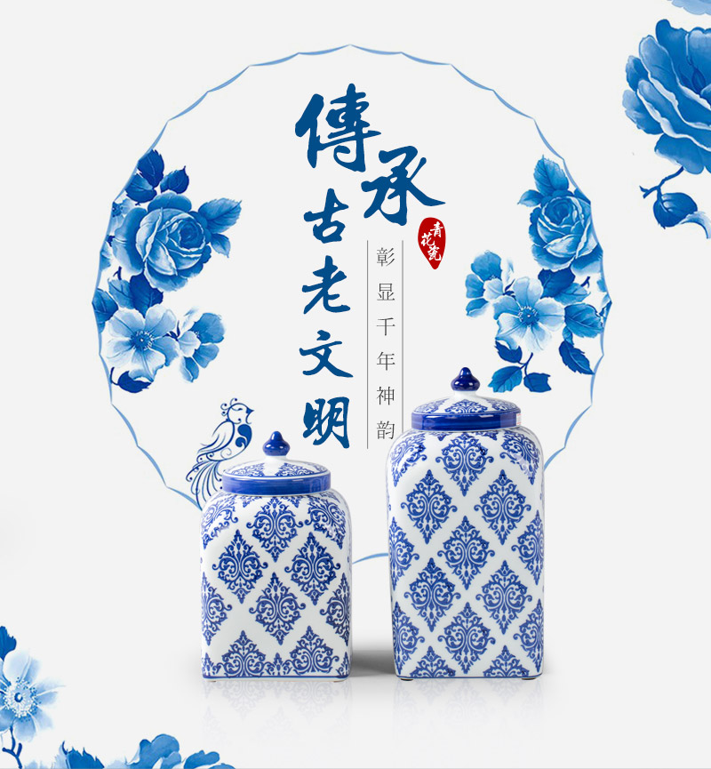 Chinese art blue and white square bottle storage tank set ceramic pot 2 piece1