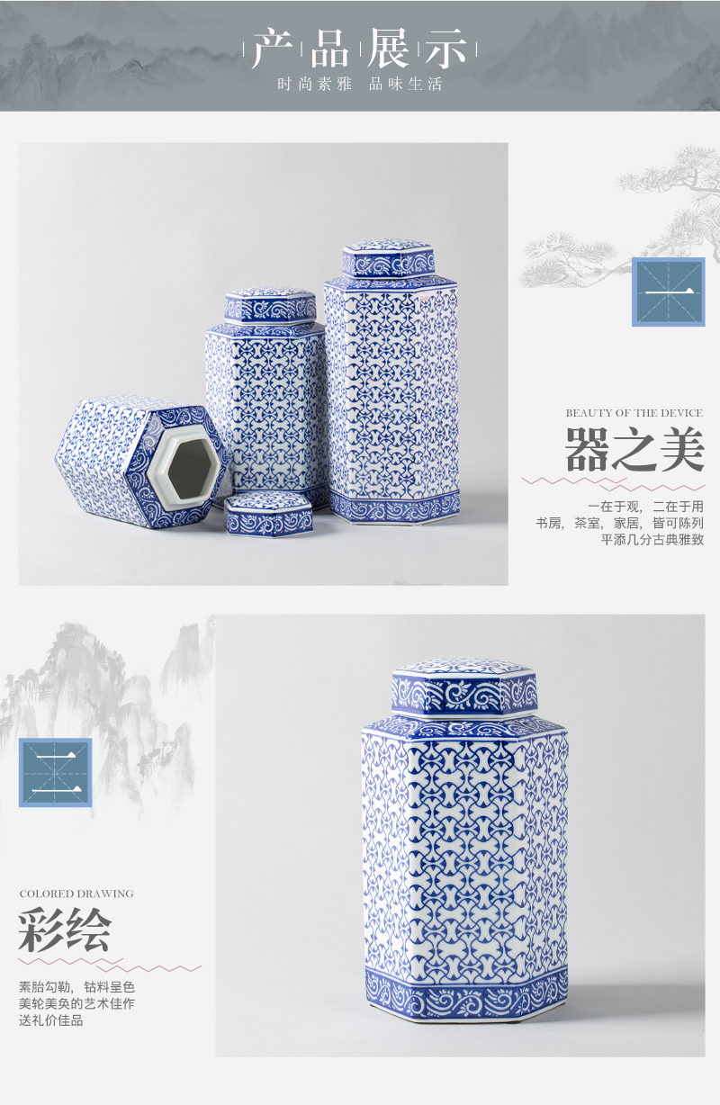 Chinese art, hexagon, blue and white storage tank set, ceramic pot, 3 piece set.3