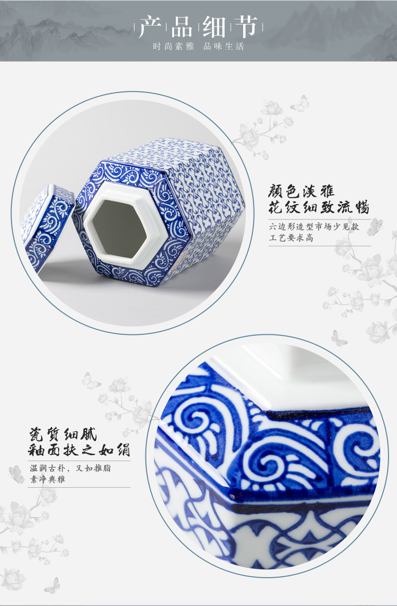 Chinese art, hexagon, blue and white storage tank set, ceramic pot, 3 piece set.4