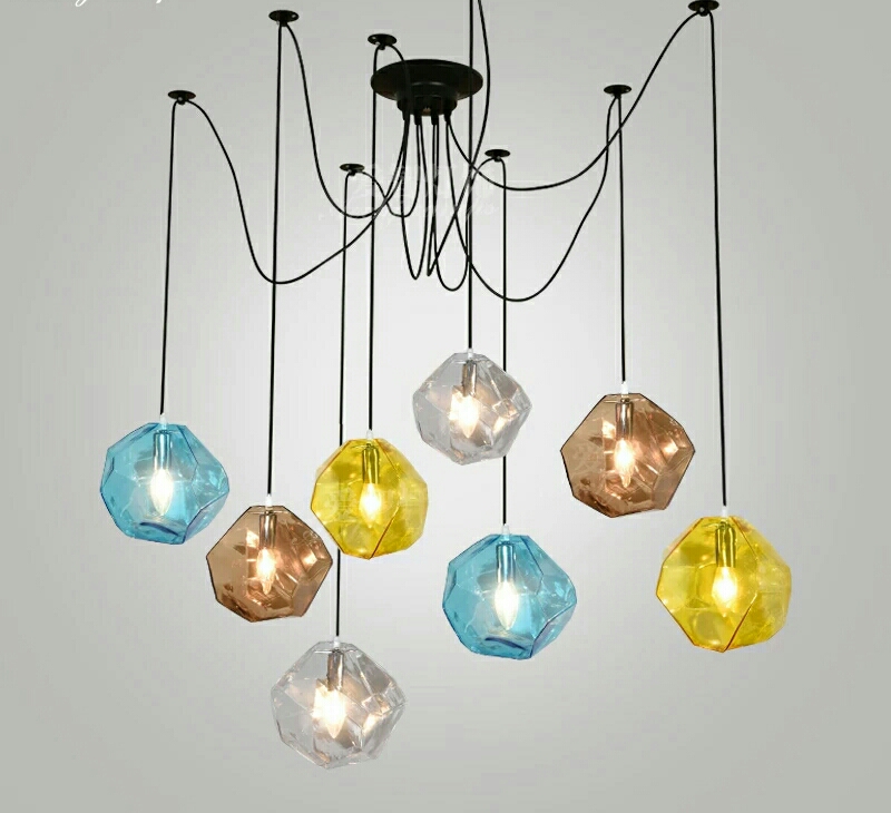 W-6231 water blue smoke gray yellow transparent color iron + glass medium small chandelier.2